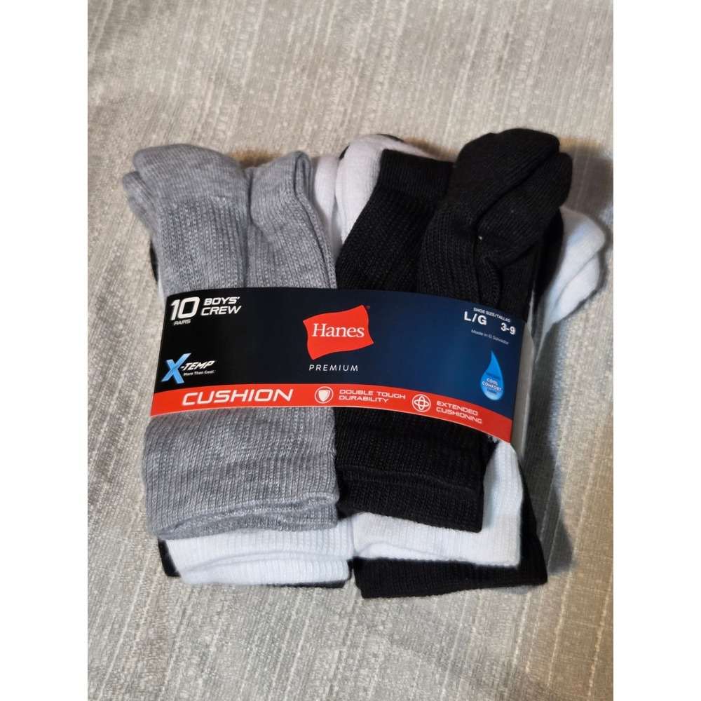 Hanes Premium Boys Crew Socks 10 Pair Pack X-Temp Cushion Black White Grey Large